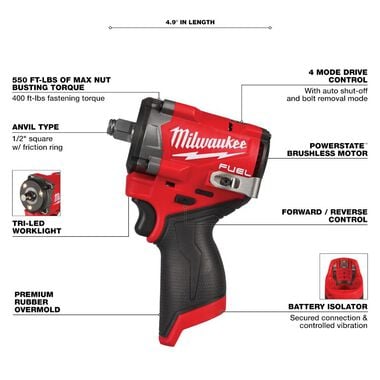 Milwaukee 2563-20 M12 FUEL Stubby 1/2" Impact Wrench (Tool Only) - Image 2