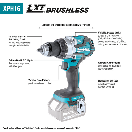 Makita XPH16Z 18V LXT Brushless Cordless 1/2" Hammer Driver-Drill (Tool Only) - Image 2